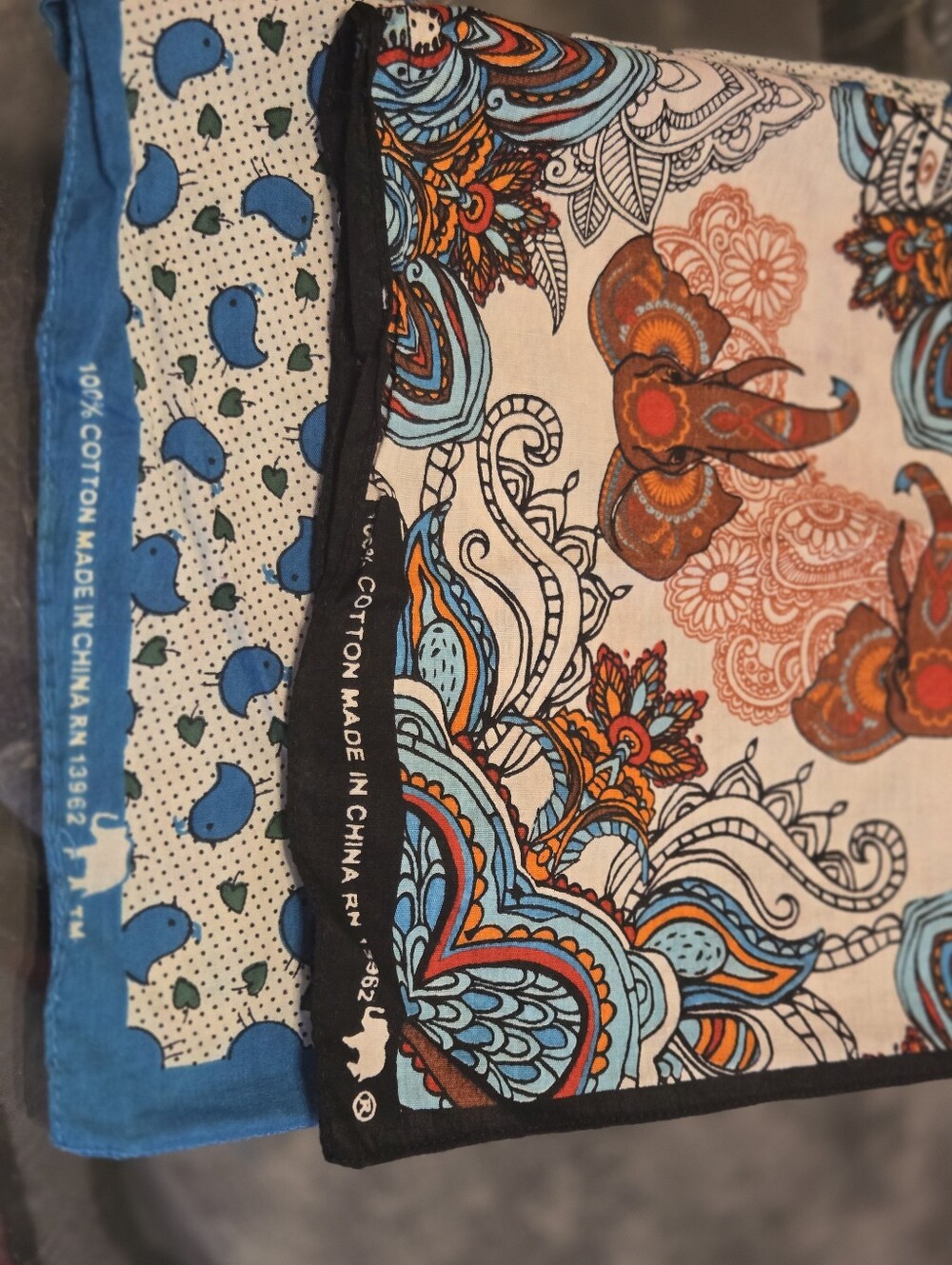 Lot 2 Elephant Brand Bandanas RN 13962 Trunk Up Mandala Paisley Bluebirds Cotton